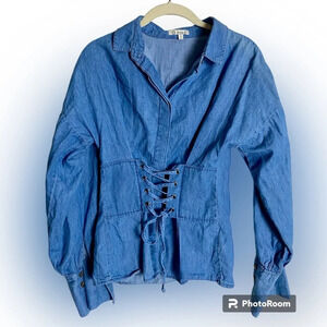 VINTAGE 100% Cotton Denim Corset Button Down Shirt Size Small
